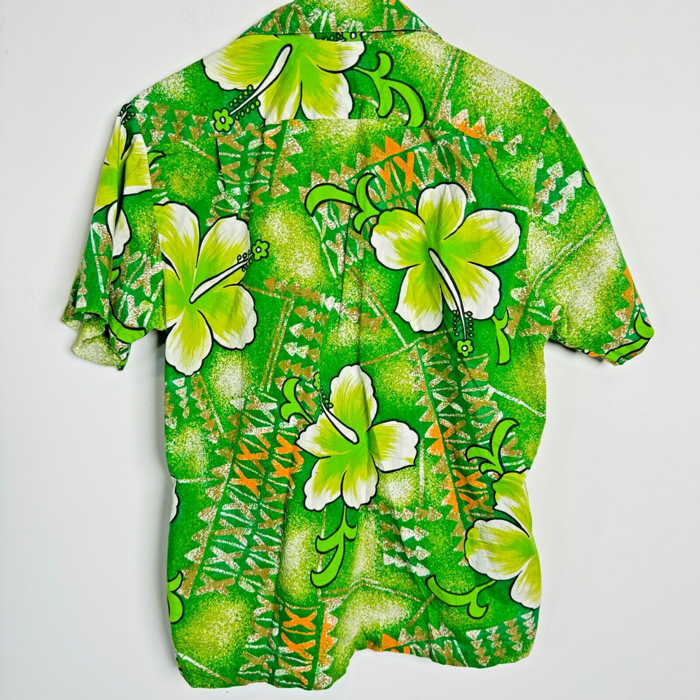 Maluna Hawaii Mens Green Cotton Vintage Hibiscus Aloha Shirt - Picture 3 of 8